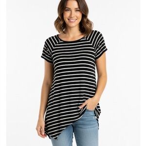 CABLE & GAUGE Asymmetrical Hemline Striped Top, Women’s M, Black White